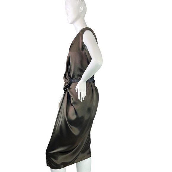Ports 1961 Brown Elegant Silk Sleeveless V-Neck Ruched Sheath Dress, Size 6 - Picture 5 of 14